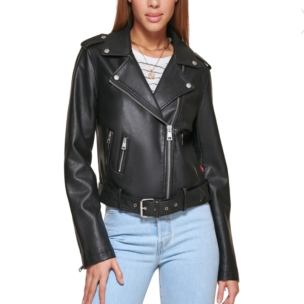 Levi's Women’s Faux Leather Belted Midweight Motorcycle Jacket, Black, NWT
